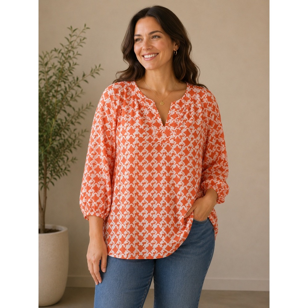 Talbots Cotton Lightweight Top Womens XL Orange White Geometric Embroidered